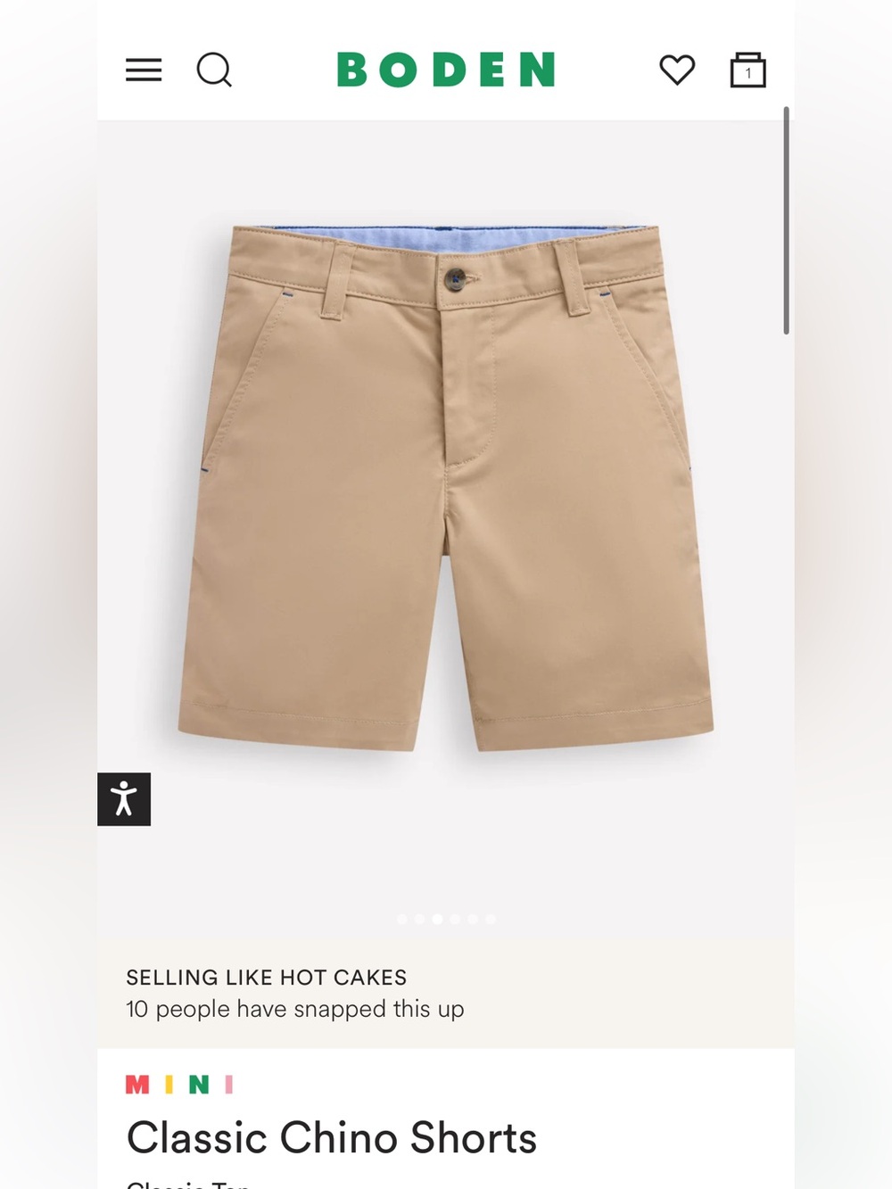 Boys Mini Boden Khaki Chino Shorts Size 4/5